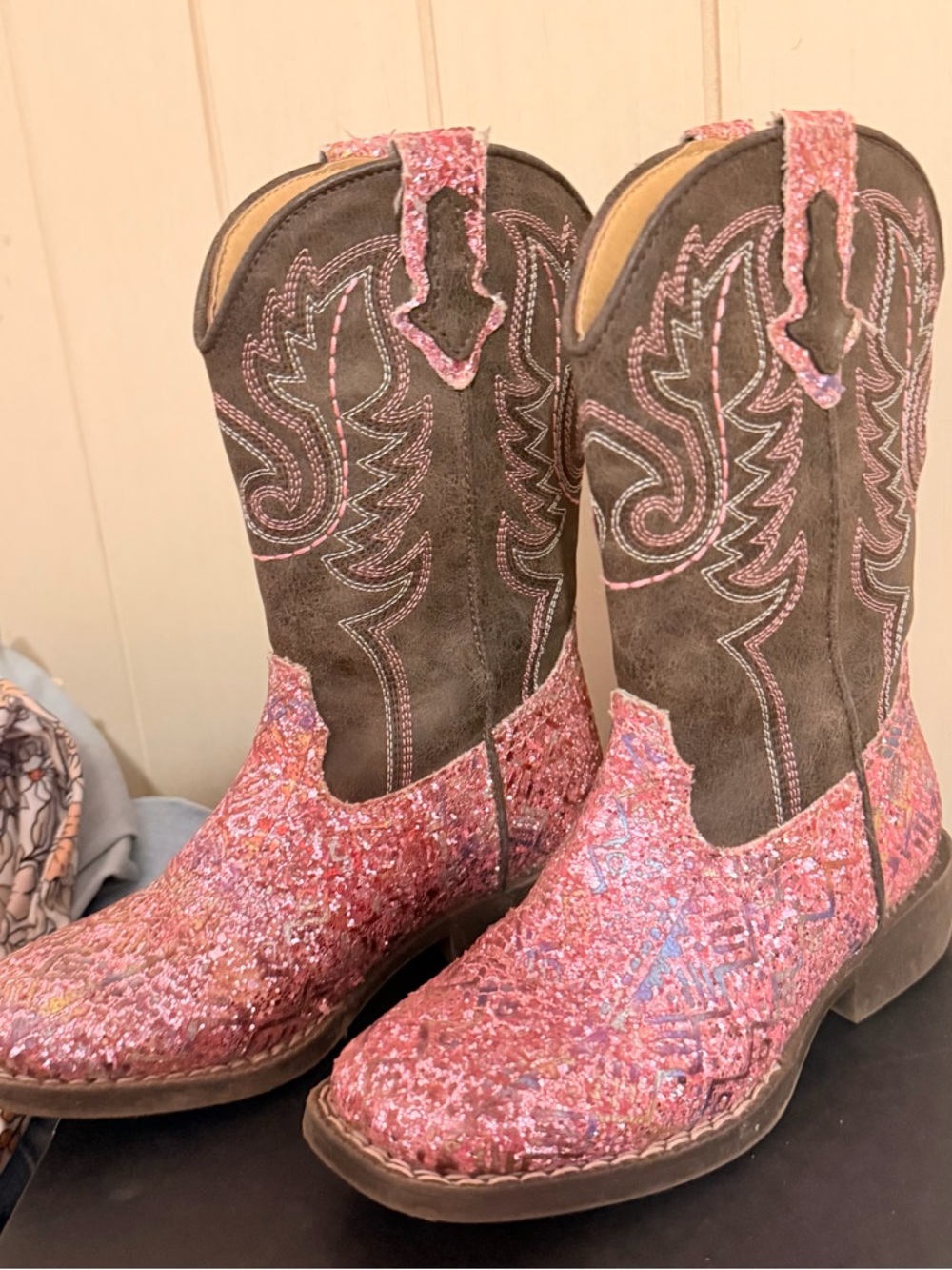 Roper Brown  & Pink Glitter Kids Cowboy Boots